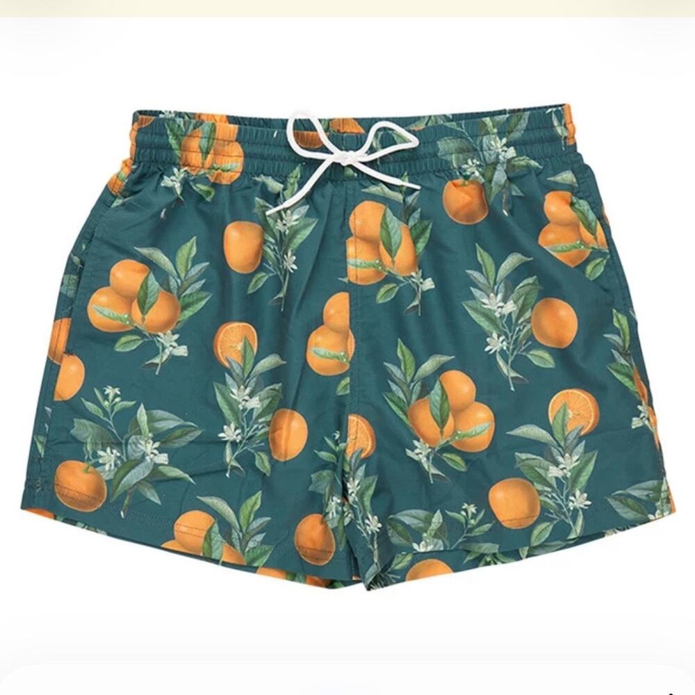 NEW Men’s Blue Rooster Swim Trunks in Green Botanical Oranges, Size XXL, NWT
